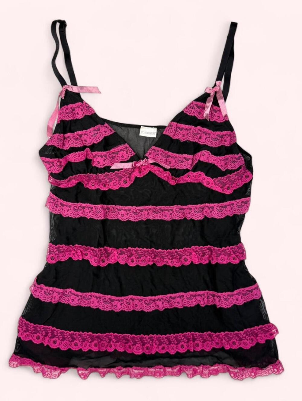 Yamamay black & pink lace sheer cami top with ruffles and bows